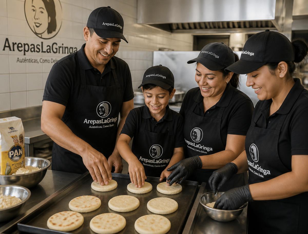 Nuestro equipo preparando arepas frescas en la cocina