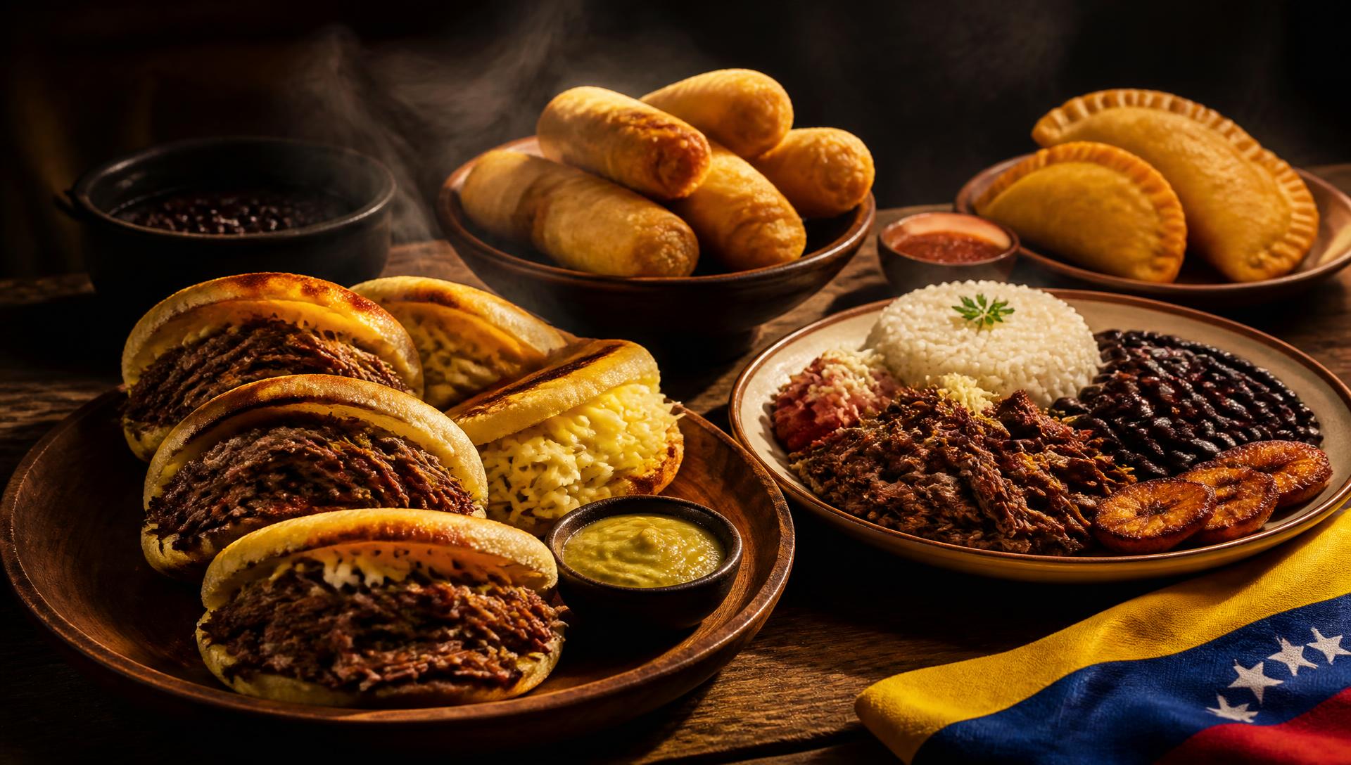 Arepas venezolanas, tequeños y pabellón criollo servidos en una mesa de madera